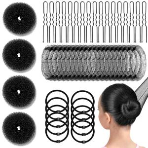 YINGFENG 134 Pcs Black Hair Bun Maker Kit for Kids Small - 4 Hair Donuts for Buns, 20 Hair Nets for Buns, 100 U Shaped Bobby Pins, 10 Hair Bands, for Girls, Ballet Dance, Hair Accessories for Women
