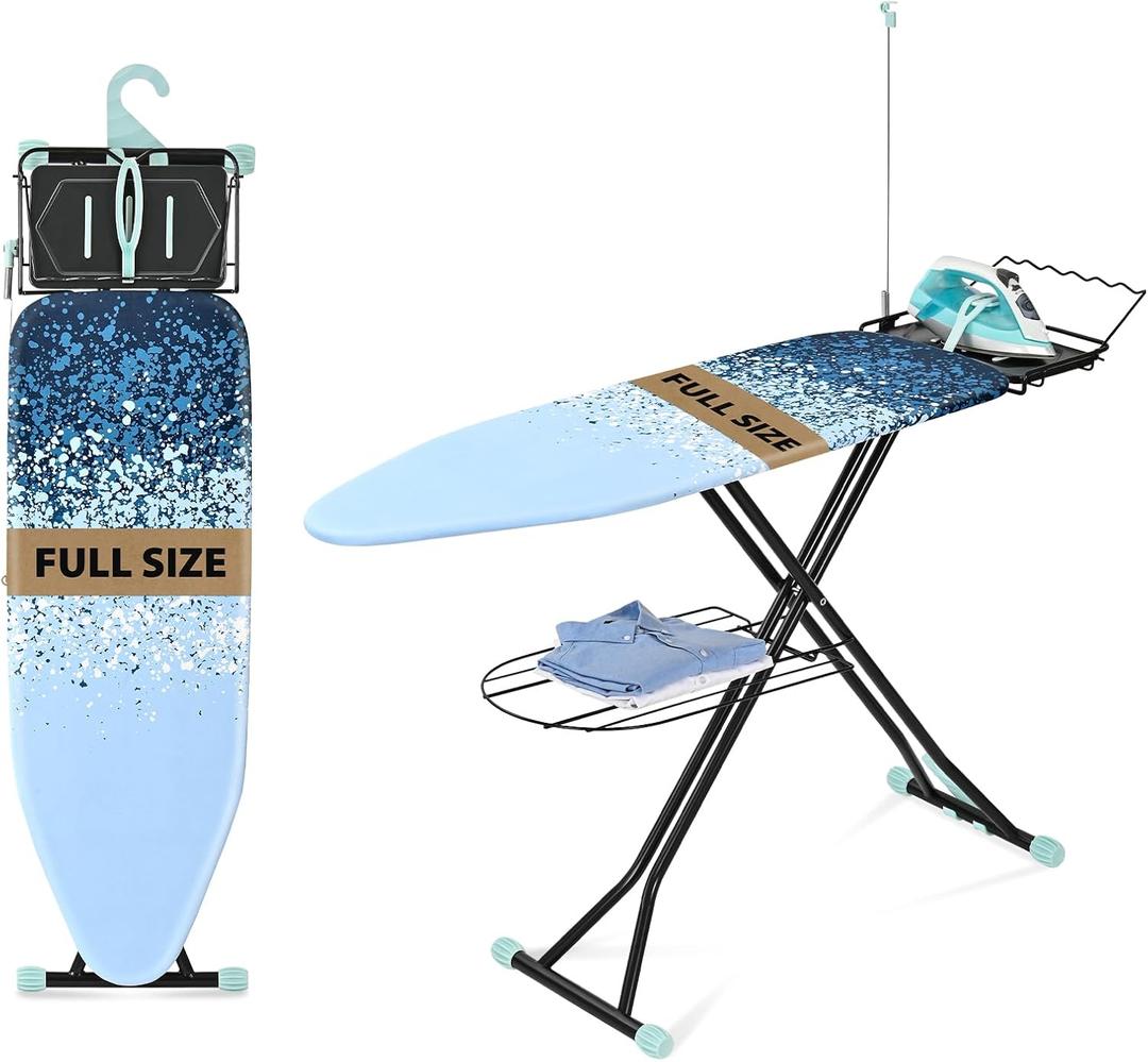 APEXCHASER Full Size Ironing Board,15x45 Metal Panel Iron Board with Iron Rest, Heat & Scorch Resistant Cover, Adjustable Height Heavy Duty Ironing Board with Germent Rack, for Home, Dorm, Ligh Blue (14x54inch)