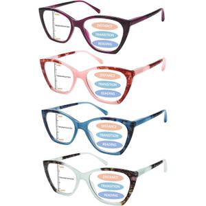 4 Pack Progressive Reading Glasses for Women, Blue Light Blocking | 3-Zone Multifocal Lenses, Oversized Design, Lightweight Plastic Frame, Flexible Spring Hinges, Reading & Computer Use