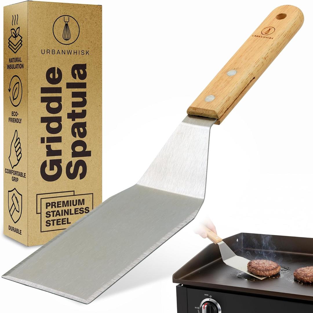 Large Griddle Spatula Heavy Duty Stainless Steel Grill Spatula - Smash Burger Turner with Heat-Resistant Wooden Handle, Wide Beveled Edge Metal Spatulas for Flat Top, Cast Iron & BBQ