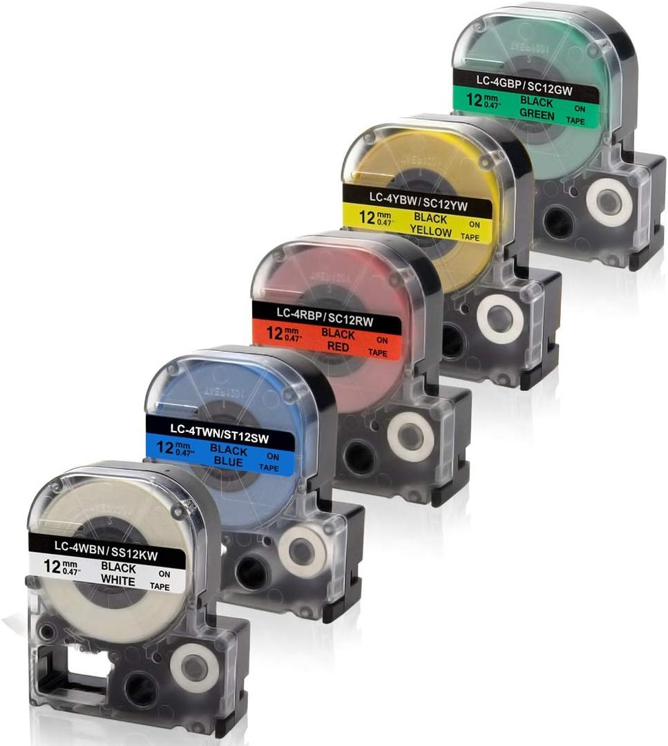 Absonic Compatible Label Tape Replacement for LK-4WBN LK-4LBP LK-4RBP LK-4YBW LK-4GBP Work for Epson LabelWorks LW-300 LW-400 LW-500 LW-600P LW-700 LW-K200PX Label Maker, 1/2" x 26', 12mm x 8m, 5-Pack