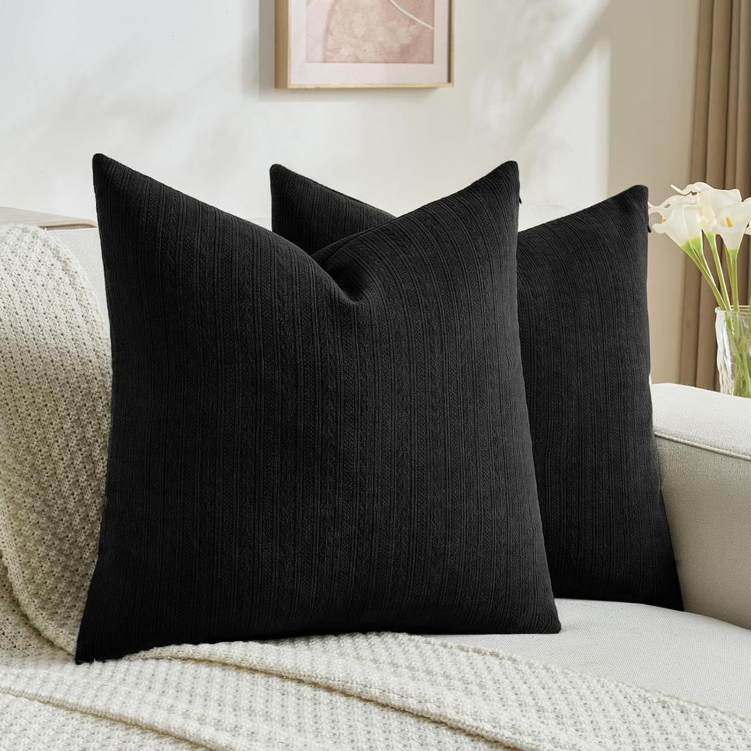 FUTEI Pack of 2 Solid Chenille Throw Pillow Covers 20x20 Inch Soft Cozy Wheat Ear Striped Textured Decorative Cushion Cases Modern Farmhouse Accent for Couch Bed Living Room, Black