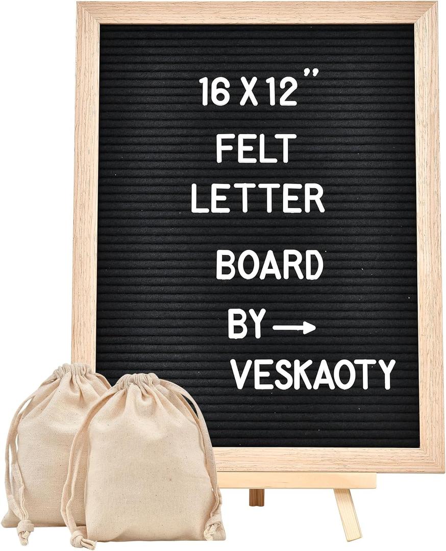 Felt Letter Board with 402 Letters, Numbers & Symbols - 12 x 16 inch Large Changeable Message Board with Wooden Frame Wall Mount Hook, 2 Canvas Bags, Wood Stand (Black)