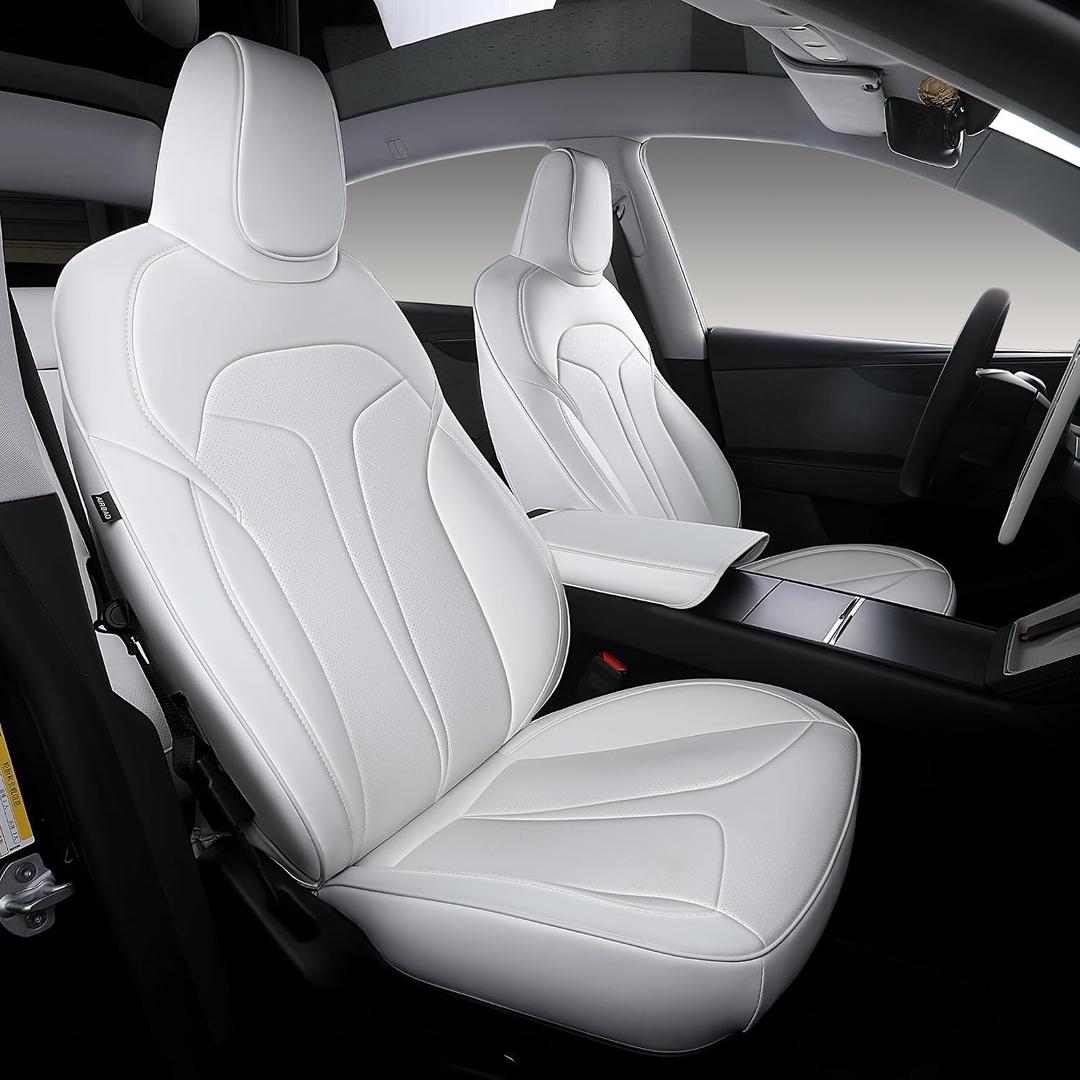 Custom Fit Seat Covers for 2025 2026 Tesla Model Y Juniper (5-Seater), Waterproof Breathable Nappa Leather, OEM Style Full Set Protectors, Airbag Compatible - White