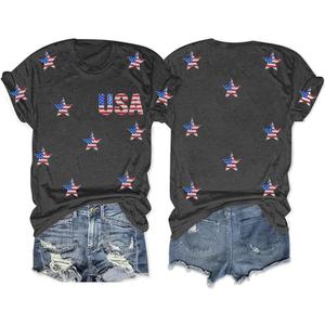 American Flag Patriotic T-Shirt Women 4th of July Gift Shirt USA Flag Stars Stripes Graphic Short Sleeve Casual Tops (Large, Grey1)