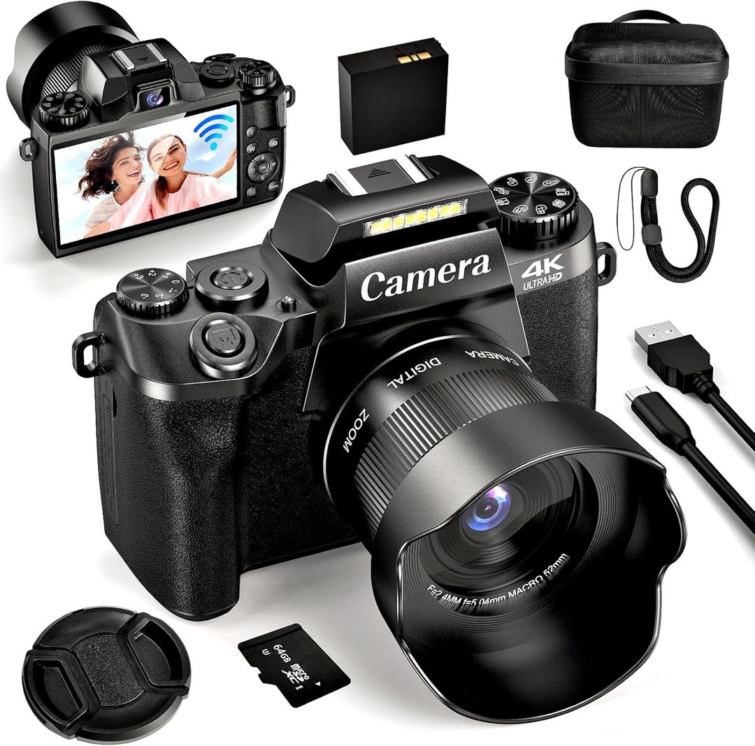 4K Digital Camera for Photography, 64MP Dual Lens Vlogging Camera with 4.0" Touchscreen, Point and Shoot Camera for Beginners Teens, WiFi Digital Camera with 16X Digital Zoom & 64GB SD Card (Black-Plus)