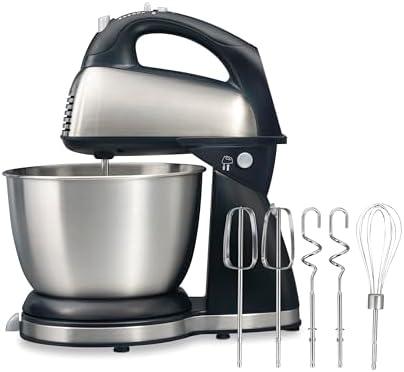 Hamilton Beach Classic Stand and Hand Mixer, 4 Quarts, 6 Speeds with QuickBurst, Bowl Rest, 290 Watts Peak Power, Black and Stainless