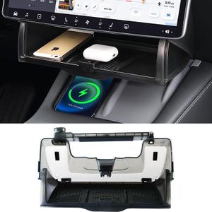 Hidable Under Screen Storage for Tesla Model 3 Model Y 2016-2025, Upgrade Damping Slides and Press Switch Design, Open and Close Center Console Organizer Tray with Anti-Slip Pad