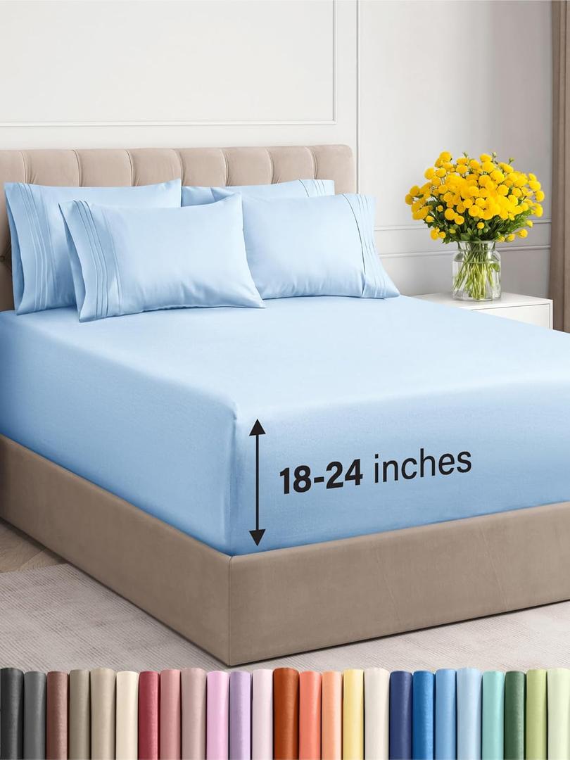 Extra Deep King Sheet Set - 6 Piece Breathable & Cooling Sheets - Hotel Luxury Bedding Set with 18-24 Inch Extra Deep Pockets - Easy Fit - Super Soft, Wrinkle Free and Comfy - Light Blue, King Size (19 - Baby Blue)