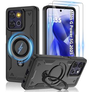 Moto G Power 5G 2025 Magnetic Case,Compatible with MagSafe & [HD Screen Protector2],Metal Rotated Kickstand,Military Grade Drop Proof Anti-Fingerprint Protective,Moto G Power 5G 2025,Black