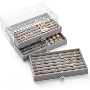 SPAKOWN Ring Box Display Holder, Clear Velvet Jewelry Storage Tray Organizer for Ring Stud Earring (Grey - 3 Drawers)