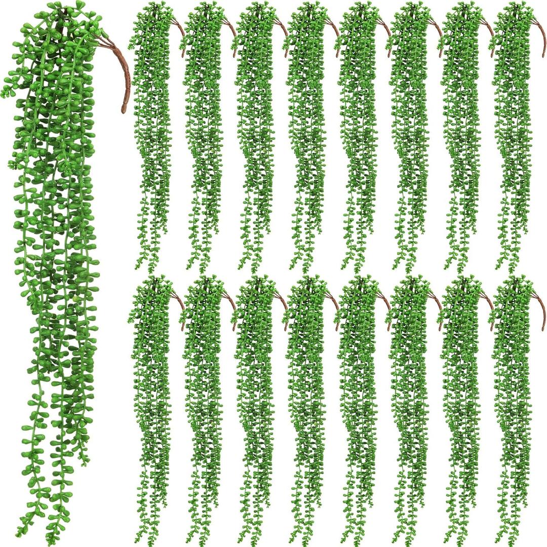 Janinka 16 Pcs Artificial Succulents Bulk Hanging Plants 24 Inches Large Fake String of Pearls Fake Plants Wall Greenery Decor for Garden Indoor Outdoor Decoration