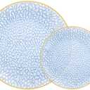 SUT 100Pcs Blue Plastic Plates, Hammered Plates Disposable Heavy Duty, Blue Disposable Plates With Gold Rim, Fancy Plastic plates Include 50 Dinner plate and 50 Dessert plates for Wedding