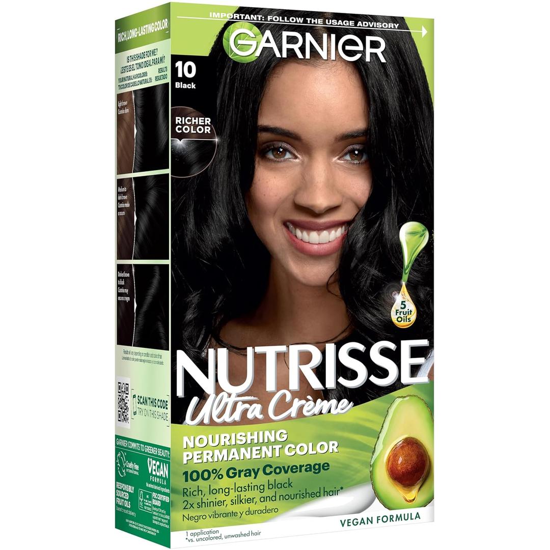 Garnier Nutrisse Ultra Crme Hair Color, Permanent Hair Dye with 100% Gray Coverage, Vegan & Cruelty-Free, 10 Black (Licorice), 1 Count