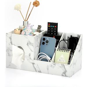Sumnacon Tissue Box Cover Square PU Tissue Box Organizer, Leather Tissue Holders with Storage, Stylish Tissues Dispenser for Bahtroom Living Room Kitchen Dining Table Desk Office, Marble White
