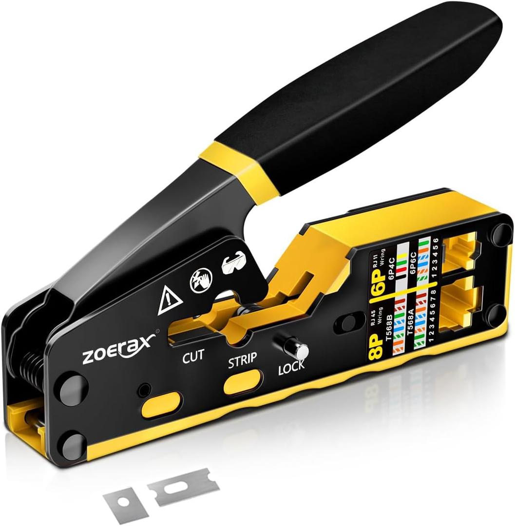 RJ45 Crimping Tool Ethernet Crimp Tool Crimper for RJ11/RJ12 Standard, RJ45 Pass Through Connectors, Yellow