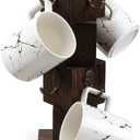 PUERSI Coffee Mug Holder for Counter, Rustic Solid Wood Mug Tree, Farmhouse Wooden Coffee Cup Rack with 8 Hooks (Rustic Brown)