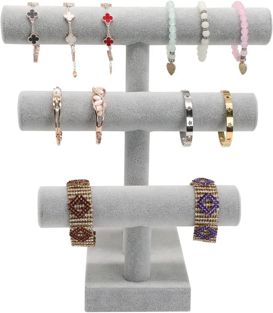 Stratalife Jewelry Organizer Bracelet Holder Stand 3 Tier Bracelet Display Necklace Holder Stand T-Bar Jewelry Display for Selling (Ice Velvet)