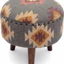 Handmade Kilim Jute Pouf Ottoman Stool | Round Upholstered Seating with Acacia Wood Base | Decorative Foot Rest for Living Room, Bedroom, Hallway, Office & Lounge (Grey)