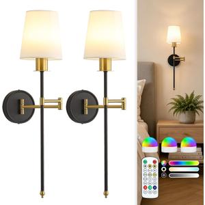 Battery Operated Wall Sconces Set of 2, 24.92" Rechargeable Wireless Dimmable Wall Lights with 9 RGB Colors, Swing Arm Wall Lamp with Remote Control & Timer for Bedroom Living Room Hallway