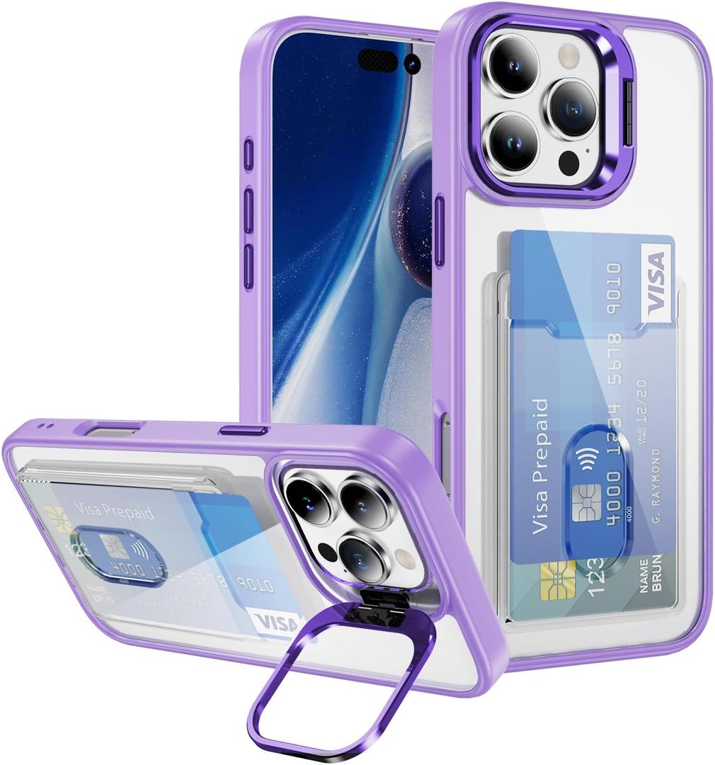 Wallet Clear Case for iPhone 16 Pro 6.3 inch with Card Holder Built-in Camera Ring Stand Military-Grade Protection Kickstand Cover Light Purple