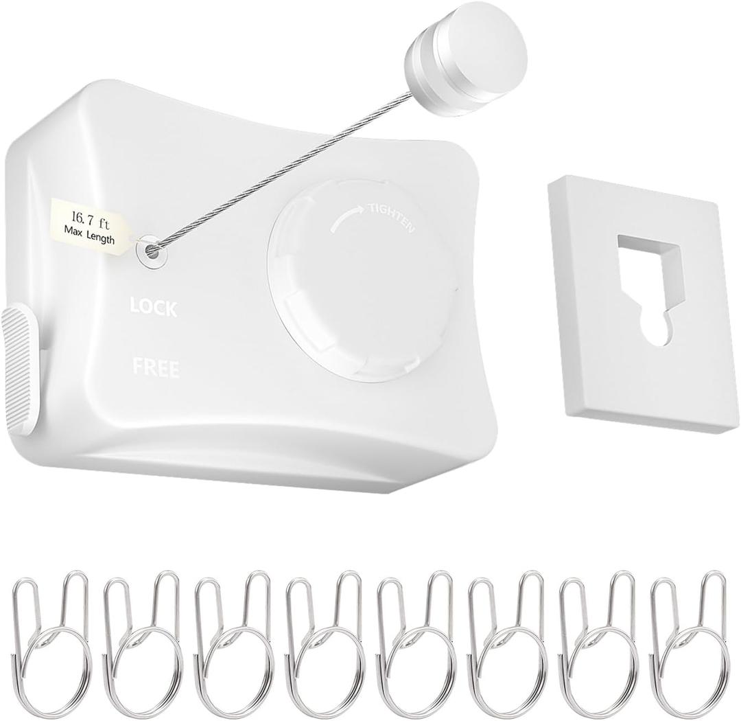 Retractable Clothesline Indoor Outdoor - 16.7 Ft Heavy Duty Wall Mounted Non-Sag Clothes Drying Laundry Line with Adjustable Tension and Stainless Steel Rope (White)