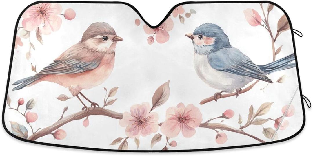 Car Windshield Sunshade Foldable Flowers and Two Birds Sun Visor Protect UV Rays for Most Sedans SUV Trucks Lowers Cabin Temperature, Keeps The Interior of The Car Cool 53 x 23.5 Inch