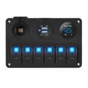 DaierTek 6 Gang Marine Rocker Switch Panel Waterproof 12 Volt, Boat Toggle Switch Panel 12V Blue LED Lighted for Boat Car RV UTV with USB Cigarette Lighter Socket Voltmeter