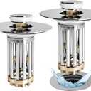 Bathroom Sink Drain Strainer, 2PCS 3 in 1 Pop Up Bathroom Sink Stopper with Removable Brass Basket Hair Catcher, Universal Sink Plug for 1.06 to 1.6in Drain Hole, Chrome Silver
