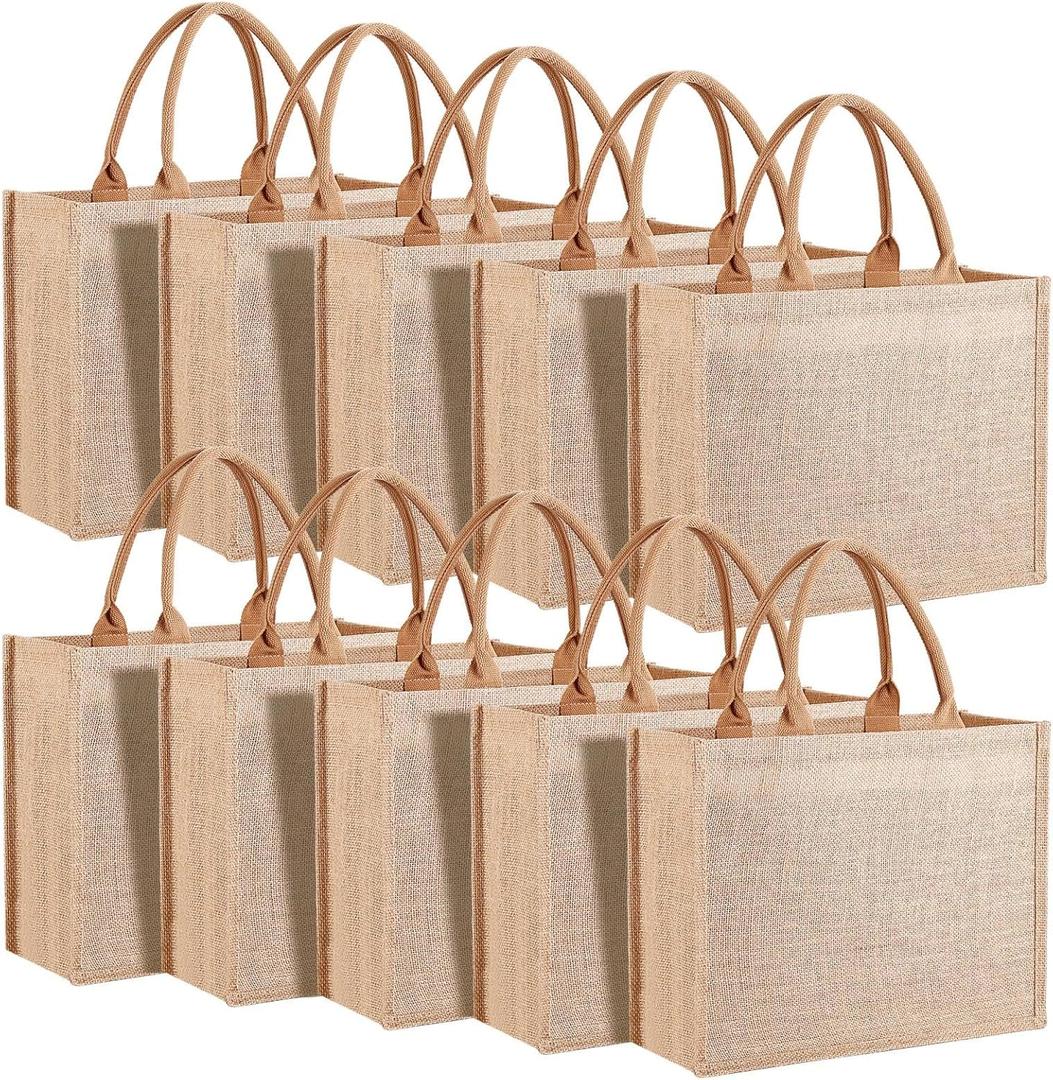 butarfe 10 Pack Reusable Jute Tote Bags with Handles, 15.1X11.8X5.5 Inch Large Natural Blank Burlap Tote for Grocery Shopping, Weddings, Travel, Bachelorette Parties & DIY Embroidery Crafts