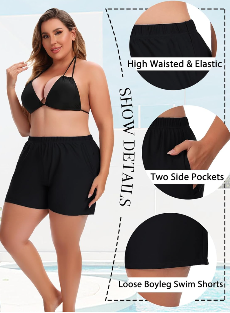 Women's Plus Size Swim Shorts High Waisted Bathing Suit Bottoms Long Swimsuit Board Short Tankini Trunks with Pocket, Size 2XL