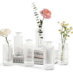 ComSaf Small Vases for Flowers Mini Clear Glass Bud Vases in Bulk, Mini Flower Vase, Vases for Centerpiece, Ribbed Vase Set, Wedding Table Ceterpiece, Home Decor, Housewarming Gift (Clear) (6 Pcs)