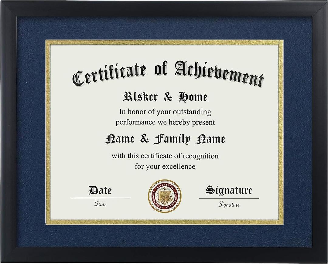 ELSKER&HOME 8.5x11 Certificate Frame with Blue Mat- Classic Black Color Frame - Displays Diploma 8.5x11 Inch with Mat - 11x14 Inch Without Mat - For Document/Photo(Double Mat Blue with Gold Rim)