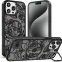 TQLGY Magnetic for iPhone 15 Pro Max Case, Translucent Matte Back Floral Line Rose Phone Case for Women, Compatible with MagSafe, Built-in Stash Stand, Military Drop Protection, Black