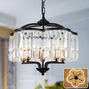 Modern Crystal Chandelier for Dining Room - Adjustable 5 Lights Black Farmhouse Pendant Light Fixture Hanging for Foyer Bedroom Living Room Hallway Kitchen