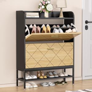 VTRIN Shoe Cabinet for Entryway Shoe Storage Cabinet with 2 Flip Drawers, Sturdy Wooden Boot Organizer Narrow Sneaker Rack for Front Door Entrance, Hallway, Small Space, Black