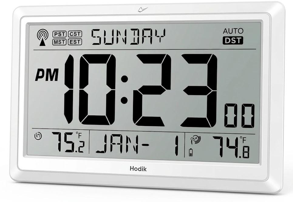 Wall Clock Atomic with Indoor Outdoor Temperature Battery Powered, Easy Reading with 10.5 Inch Large LCD Display, 330FT Range Table Wall Clock with DST, 12/ 24 Hour for Living Room Kitchen (White)