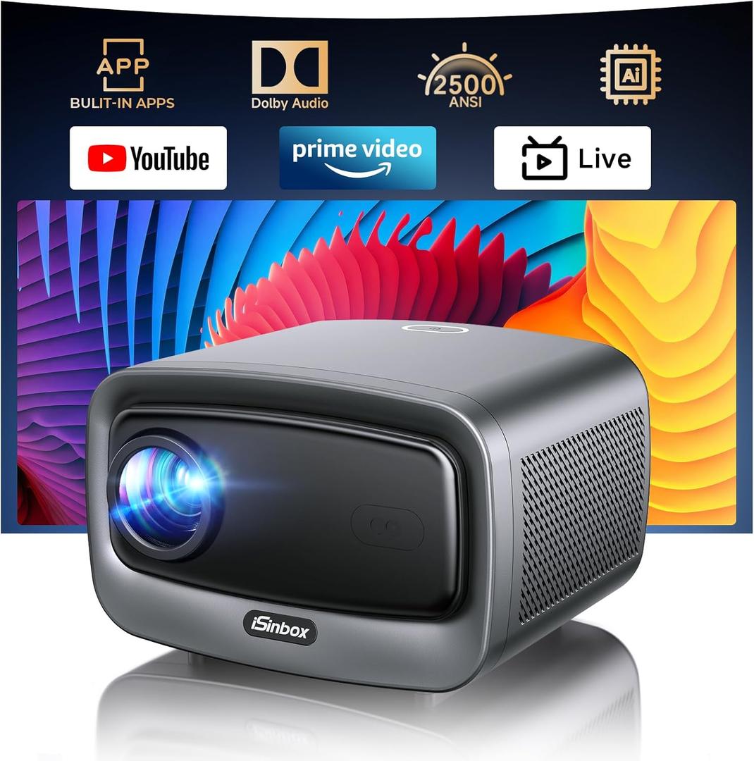 [2500 ANSI/Auto Focus/Built-in APPS] Smart Projector 4K with WiFi 6 and Bluetooth 5.3, 6D Keystone Outdoor Movie Projector with Netflix& 36W Dolby Audio Plus HDR10+ Home Theater Ceiling Upgraded (Gunmetal)