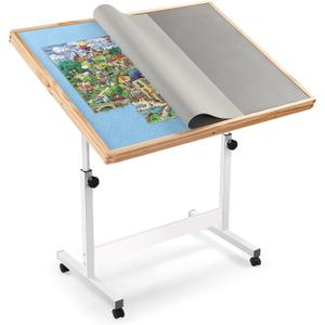 Vasitelan Adjustable Wooden Jigsaw Puzzle Table with Wheels, Puzzle Tables Fits 1500 Piece Puzzles,Wooden Puzzle Board for Adults (Blue, Without Drawer)