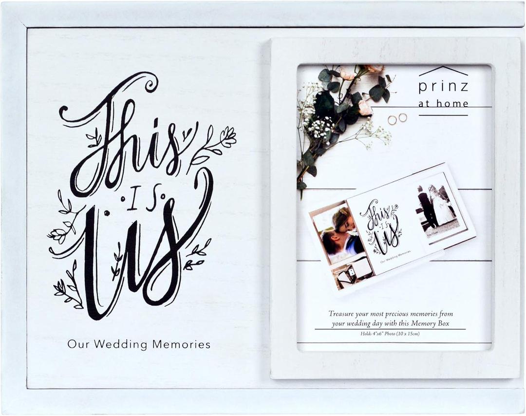 Prinz White Decorative Wedding Memories Keepsake Box, 10 W x 8 L x 3.75 D With Sliding Lid  Wedding Box Lid Includes Space for 4 x 6 Photograph