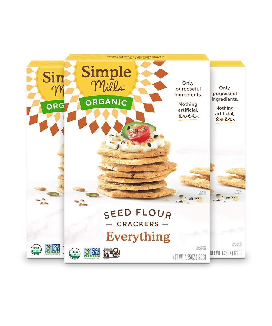 Simple Mills Organic Seed Crackers, Everything, Gluten Free, Flax Seed, Sunflower Seeds, Corn Free, Low-Calorie Snacks, Plant Based, Nutrient Dense, 4.25oz, 3 Count (EXP 08/12/26)