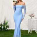 EYNMIN Women's Fall Wedding Guest Dresses Long Sleeve Spaghetti Strap Mesh Ruched Bodycon Maxi Formal Dress (Blue, L)