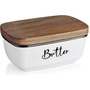 Butter Dish with Lid, ALELION Large Ceramic Butter Dish for Countertop, Butter Keeper with Thick Acacia Wood Lid, Kitchen Decor and Accessories for Kitchen Gifts, White