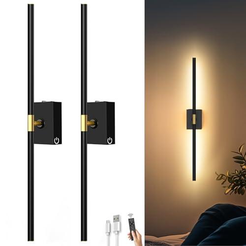 iThird Battery Operated Wall Sconces Set of 2: 10000mAh Rechargeable Wall Lights with Remote Control, 360° Rotate Wireless Wall Scone Decor for TV/Mirror Bedroom Living Room, 31.5 Inch, Black