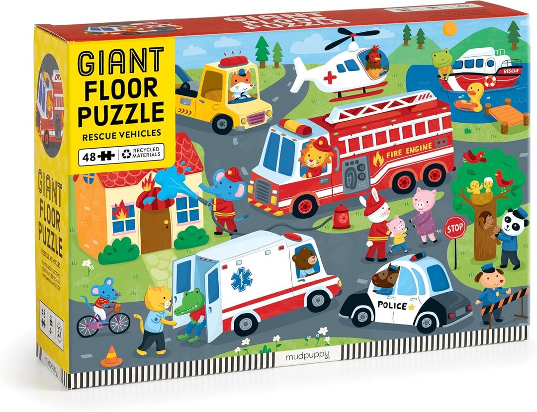 Mudpuppy Rescue Vehicles â€“ 48 Piece Giant Floor Jigsaw Puzzle Featuring A Colorful Scene of Different Kinds of Rescue Transportation Vehicles and Adorable Rescue Characters