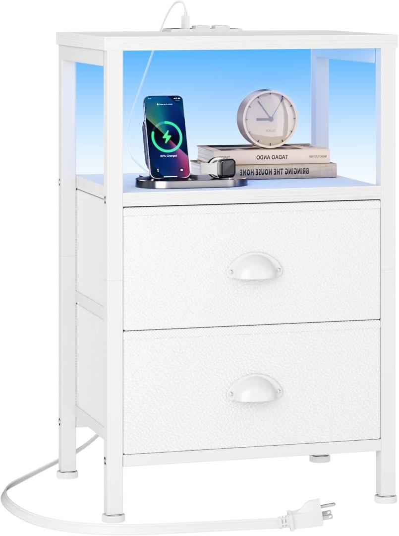 Furologee Nightstand with Charging Station, End Table with LED Lights, Bedside Table with Fabric Drawers and Storage Shelf, White Night Stands for Living Room/Bedroom (1 PC)