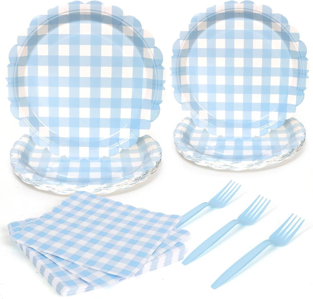 96Pcs Blue Gingham Plates and Napkins Forks Lace Plaid Paper Plates for 24 Guest Picnic Wedding Baby Shower Tea Kids Birthday Party Supplies Decrations