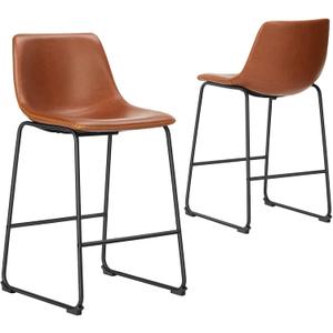 Sweetcrispy Bar Stools Set of 2, Counter Height Bar Stools with Back, 26 inch Armless Industrial Faux Leather Barstools with Metal Legs and Footrest, Dining Chairs for Home Island, Whiskey Brown