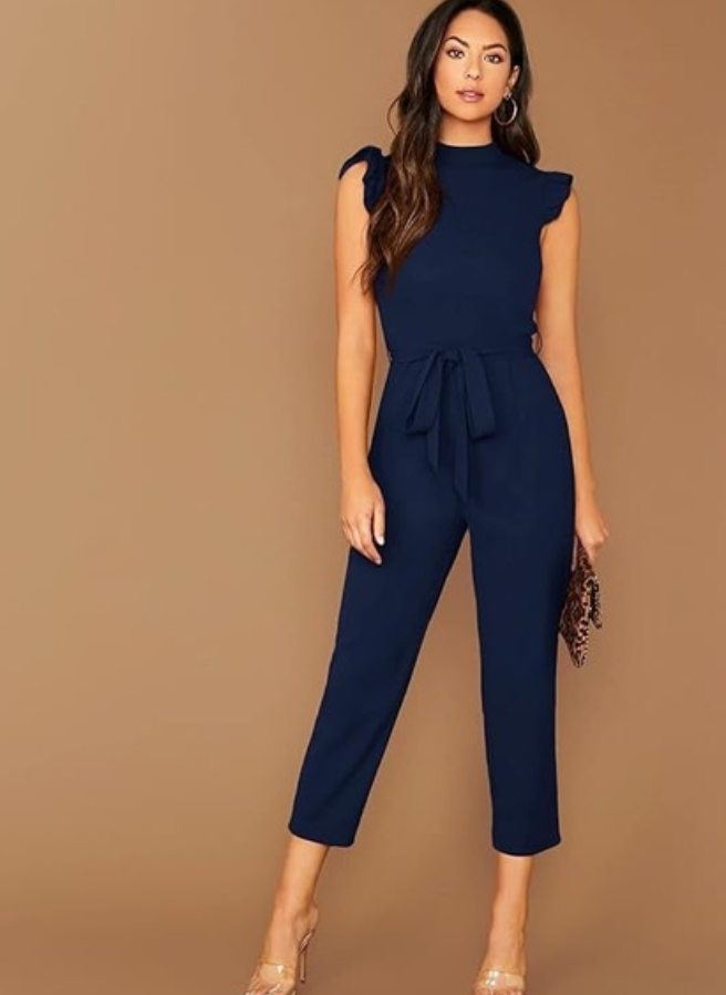WDIRARA Sleeveless Mock Neck Ruffle Trim Belted Cropped Jumpsuit Romper, Size M