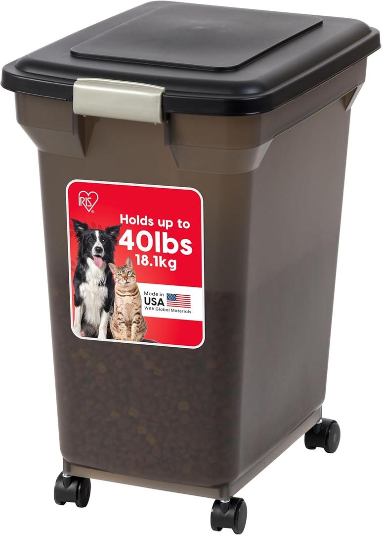 IRIS USA Airtight Dog Food Storage Container, WeatherPro, Up to 40 lbs, Removable Wheels, for Dog Cat Bird and Other Pet Food Storage Bin, Keep Fresh, Translucent Body, Made in USA, Smoke/Black